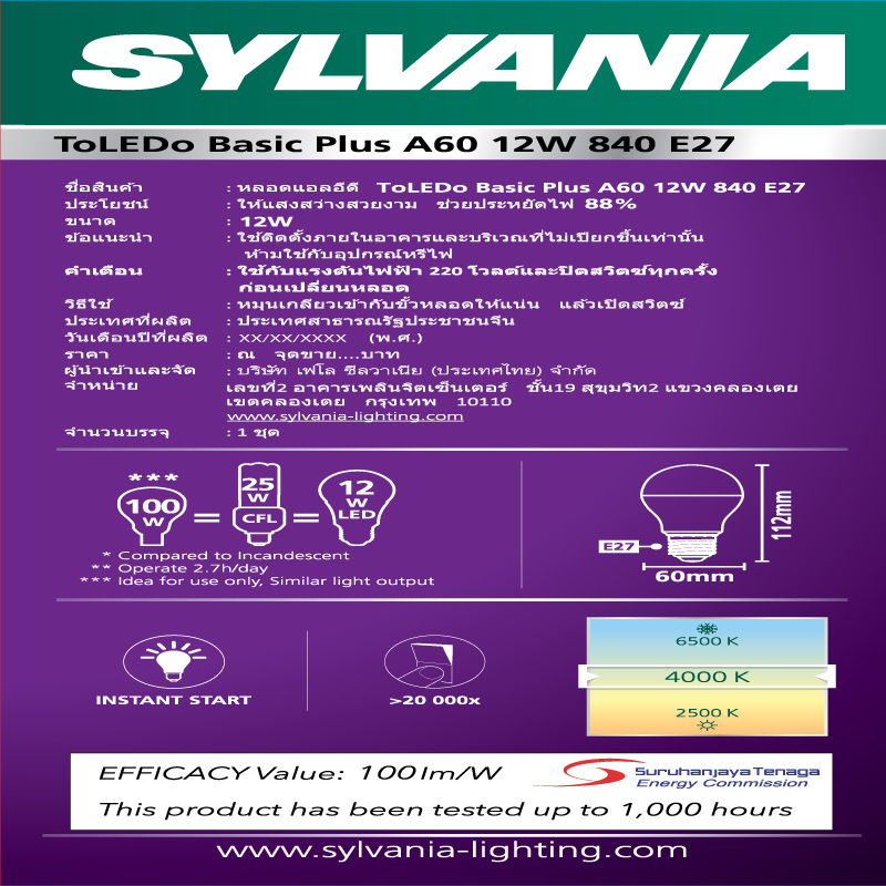 [แพ็ค 2 ] SYLVANIA ToLEDo Basic Plus A60 12W ขั้ว E27  (CoolWhite)