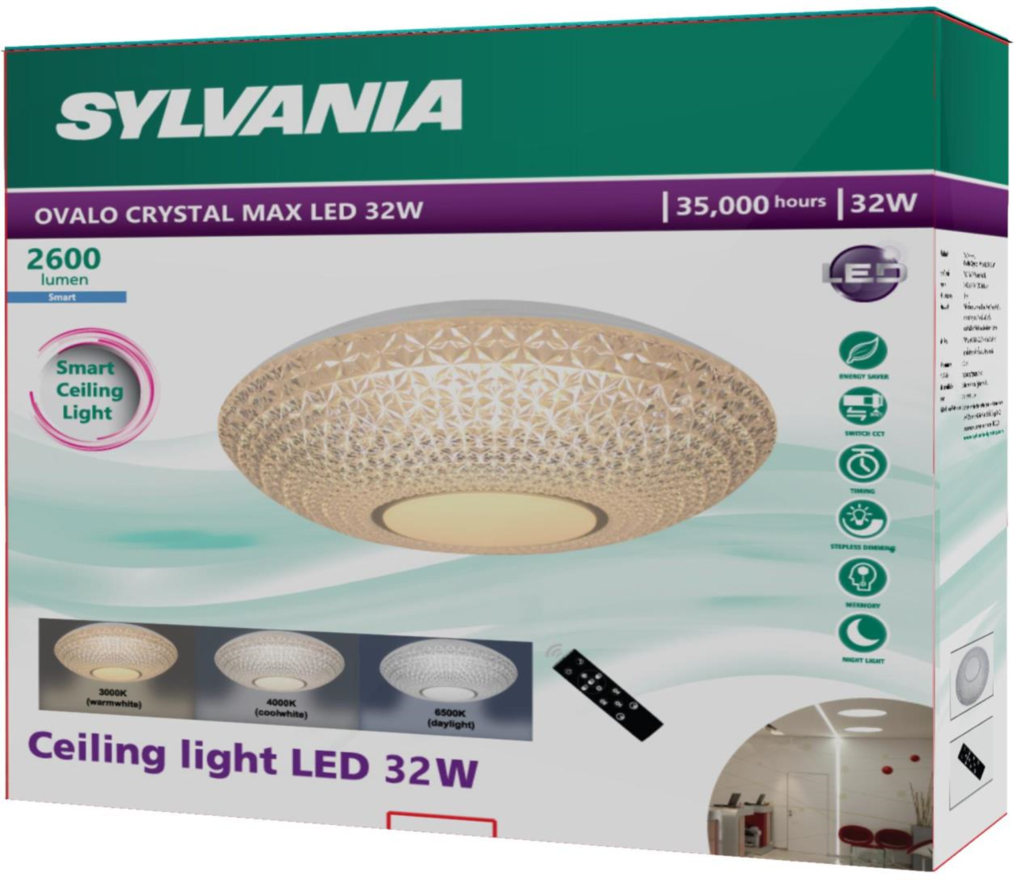  SYLVANIA โคมไฟเพดาน ใช้รีโมท ปรับได้ 3 โทนแสง เดย์ไลท์/คูลไวท์/วอร์มไวท์ Ovalo Crystal Max LED 32W 2600lm