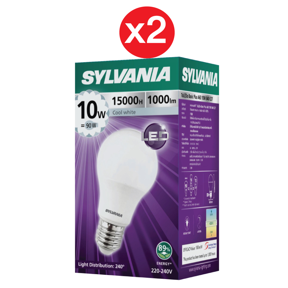 แพ็ค 2 [รุ่นใหม่ปี 2022] หลอดไฟ LED SYLVANIA ToLEDo Basic Plus A60 10W ขั้ว E27  (CoolWhite )
